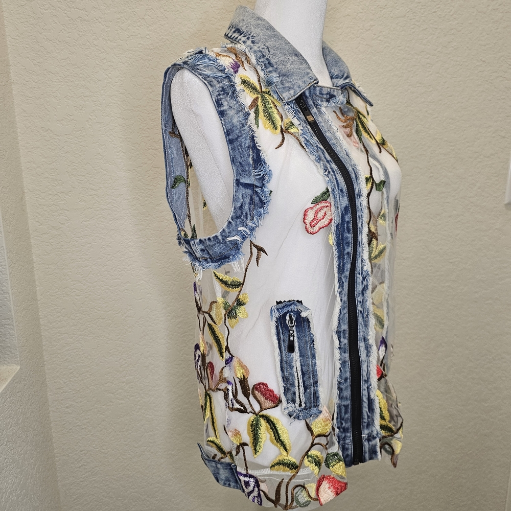 Adore Floral Embroidered Sheer Denim Vest - Picture 3 of 16